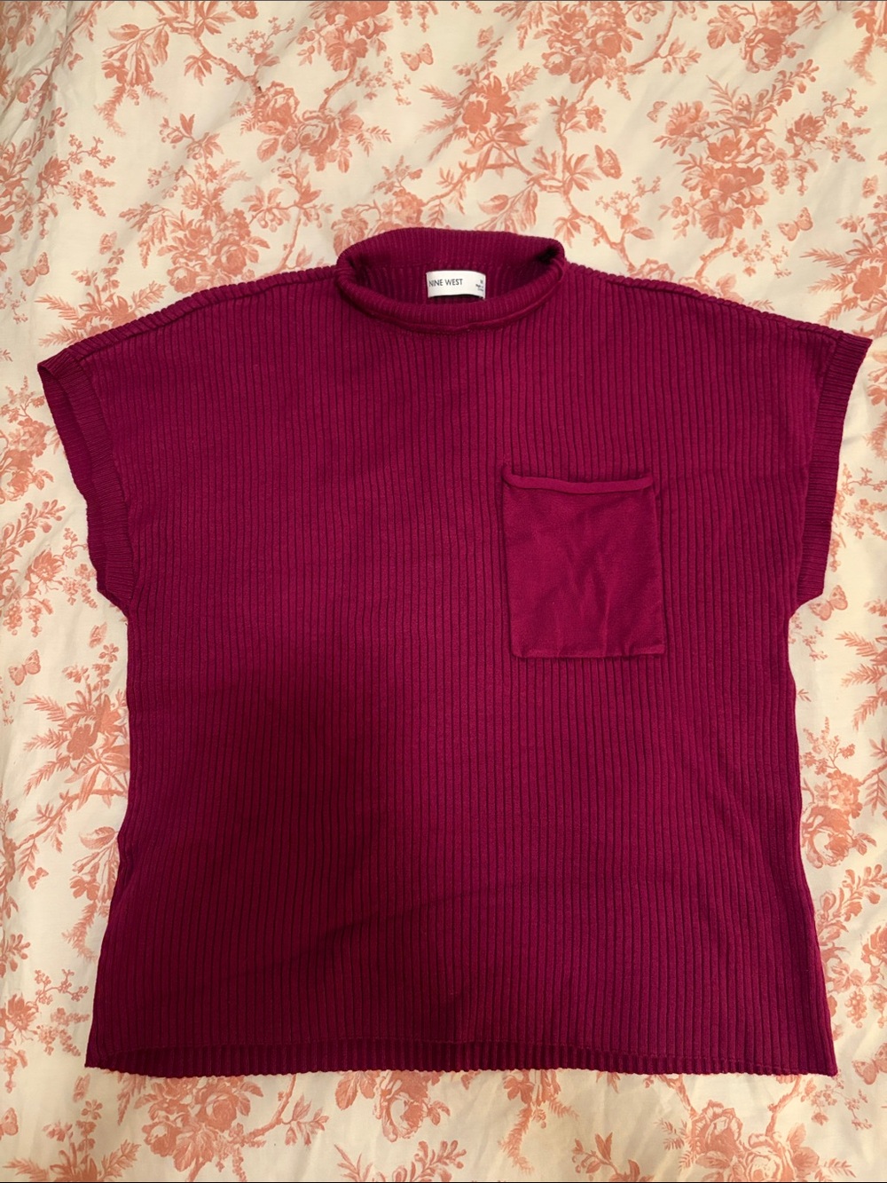 Nine West Deep Magenta Ribbed Short Sleeve Sweater Top
